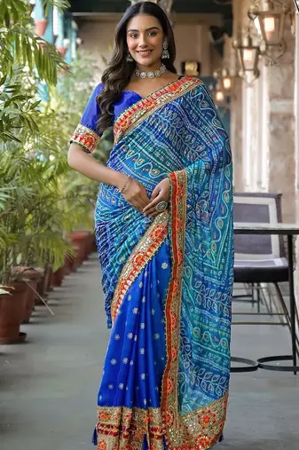 Blue women bandhani embroidered  chiffon fusion bandhani saree