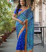 Blue women bandhani embroidered  chiffon fusion bandhani saree