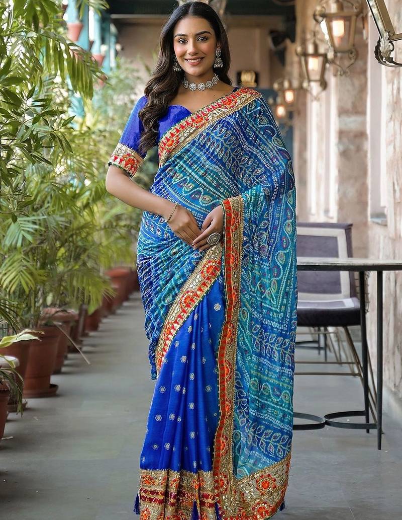 Blue women bandhani embroidered  chiffon fusion bandhani saree