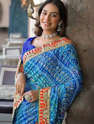Blue women bandhani embroidered  chiffon fusion bandhani saree 2