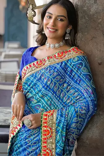 Blue women bandhani embroidered  chiffon fusion bandhani saree