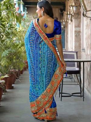 Blue women bandhani embroidered  chiffon fusion bandhani saree 3