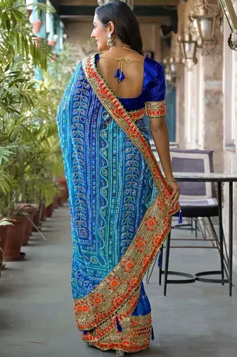 Blue women bandhani embroidered  chiffon fusion bandhani saree