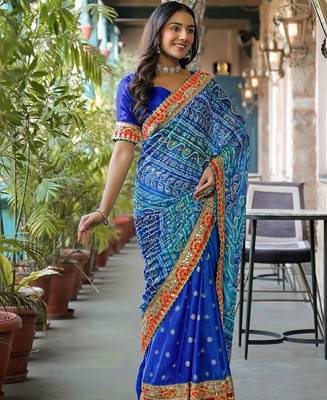 Blue women bandhani embroidered  chiffon fusion bandhani saree 4