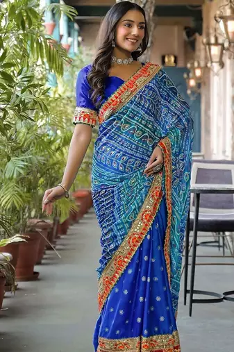 Blue women bandhani embroidered  chiffon fusion bandhani saree