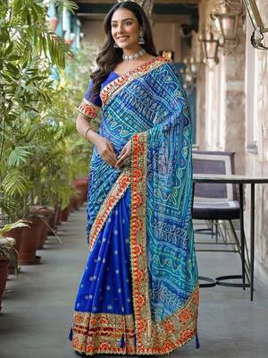 Blue women bandhani embroidered  chiffon fusion bandhani saree 5