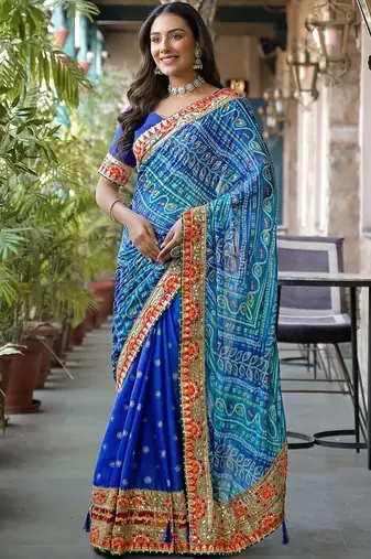 Blue women bandhani embroidered  chiffon fusion bandhani saree