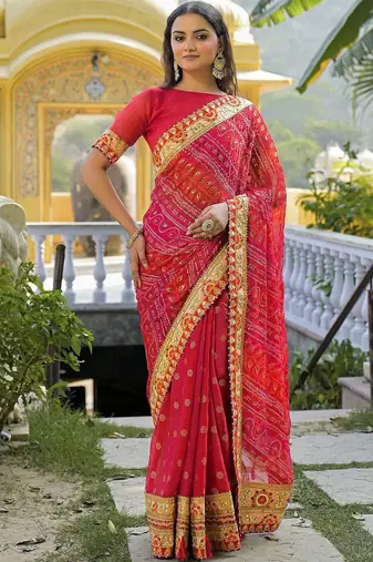 Red women bandhani embroidered  chiffon fusion bandhani saree