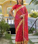 Red women bandhani embroidered  chiffon fusion bandhani saree