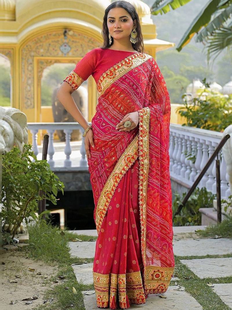 Red women bandhani embroidered  chiffon fusion bandhani saree