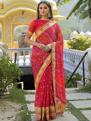 Red women bandhani embroidered  chiffon fusion bandhani saree 2