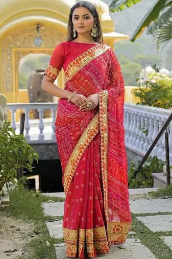 Red women bandhani embroidered  chiffon fusion bandhani saree