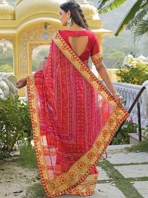 Red women bandhani embroidered  chiffon fusion bandhani saree 3