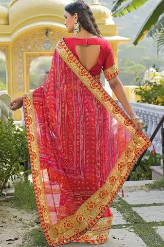Red women bandhani embroidered  chiffon fusion bandhani saree