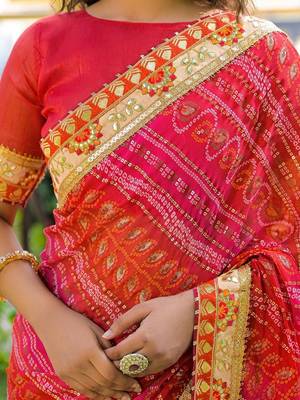 Red women bandhani embroidered  chiffon fusion bandhani saree 4