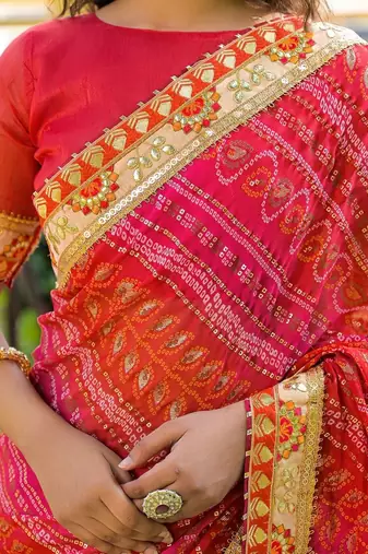 Red women bandhani embroidered  chiffon fusion bandhani saree