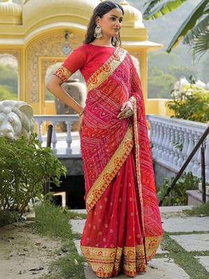 Red women bandhani embroidered  chiffon fusion bandhani saree 5