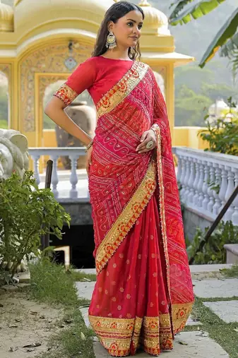 Red women bandhani embroidered  chiffon fusion bandhani saree