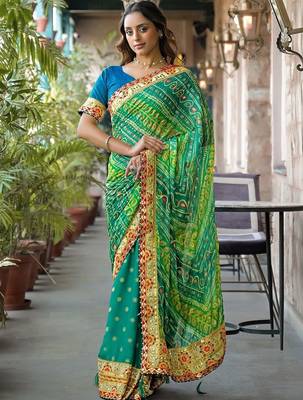 Green women patchwork  chiffon fusion bandhani saree 1