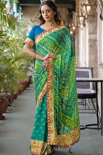 Green women patchwork  chiffon fusion bandhani saree