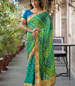 Green women patchwork  chiffon fusion bandhani saree