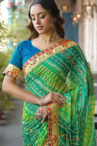 Green women patchwork  chiffon fusion bandhani saree