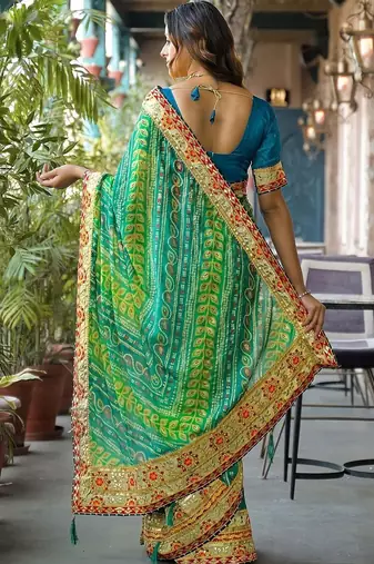 Green women patchwork  chiffon fusion bandhani saree