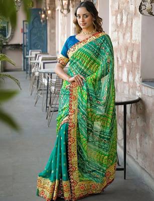Green women patchwork  chiffon fusion bandhani saree 4