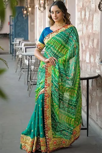 Green women patchwork  chiffon fusion bandhani saree