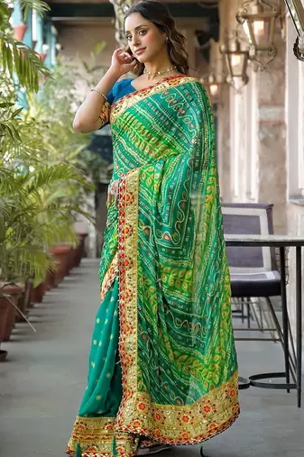 Green women patchwork  chiffon fusion bandhani saree