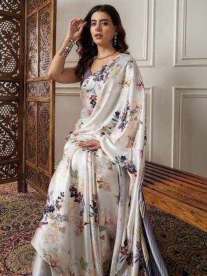 Cream printed saree with blouse piece 1