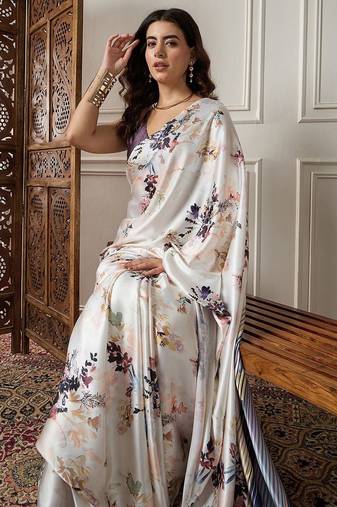 Cream printed saree with blouse piece