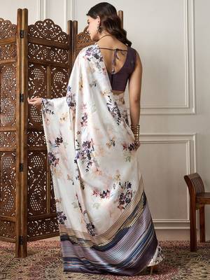 Cream printed saree with blouse piece 2