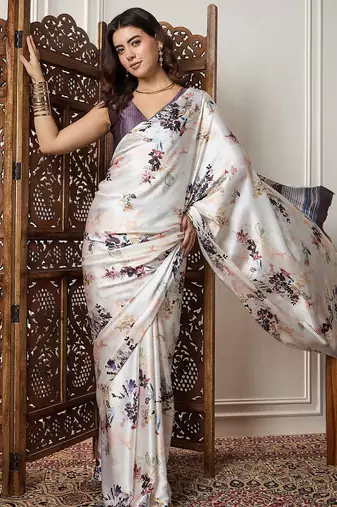 Cream printed saree with blouse piece