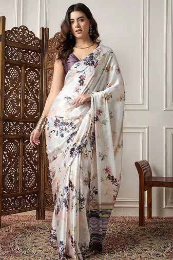 Cream printed saree with blouse piece