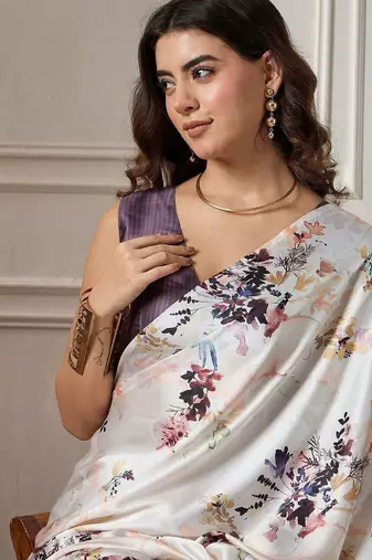 Cream printed saree with blouse piece