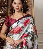 Off white printed saree with blouse piece