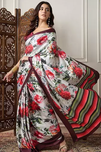 Off white printed saree with blouse piece