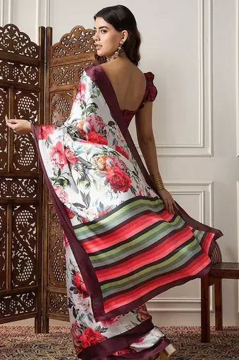 Off white printed saree with blouse piece