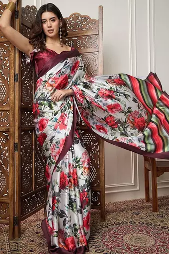 Off white printed saree with blouse piece