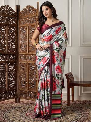 Off white printed saree with blouse piece 5