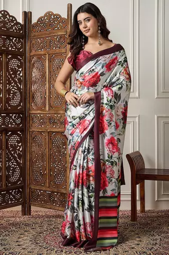 Off white printed saree with blouse piece
