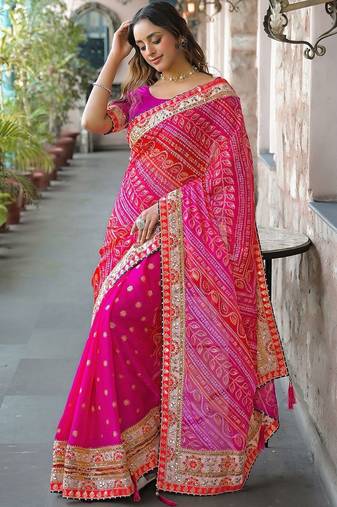 Pink embroidered bandhani sarees blouse piece