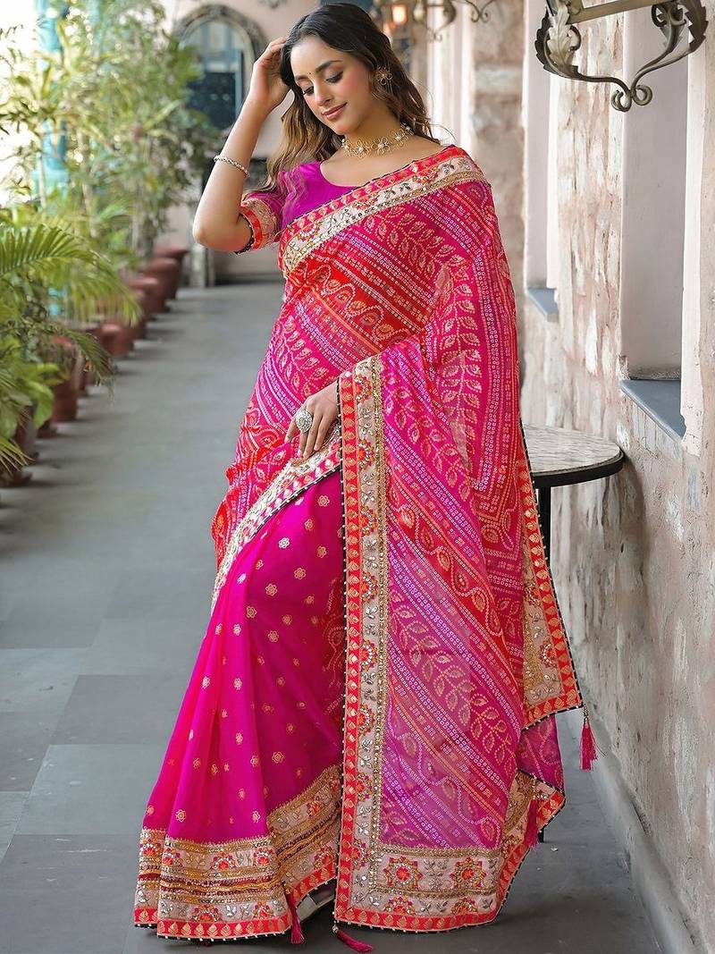 Pink embroidered bandhani sarees blouse piece