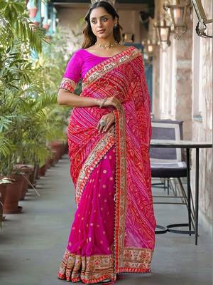Pink embroidered bandhani sarees blouse piece 2
