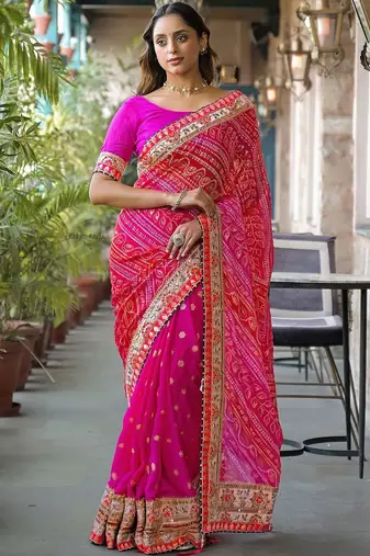 Pink embroidered bandhani sarees blouse piece