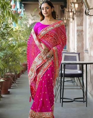Pink embroidered bandhani sarees blouse piece 3