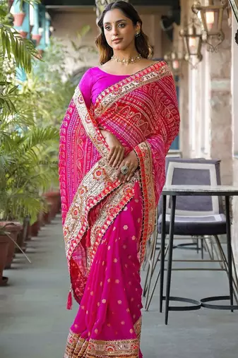 Pink embroidered bandhani sarees blouse piece
