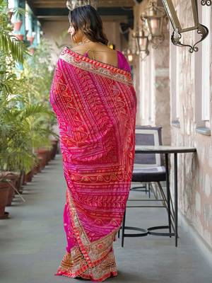 Pink embroidered bandhani sarees blouse piece 5