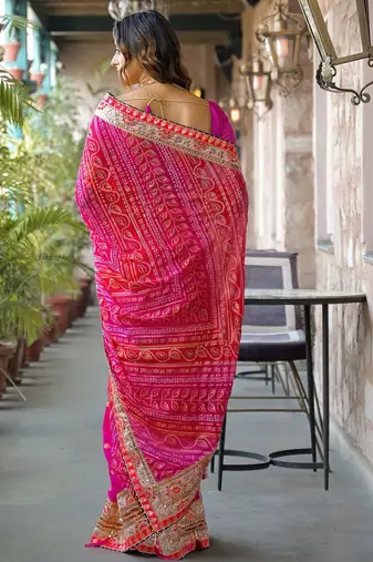 Pink embroidered bandhani sarees blouse piece